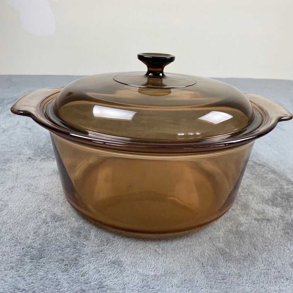 Vtg Corning Visions Unisex 5L Dutch Oven Amber Glass Stockpot Pyrex Lid